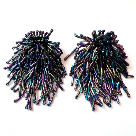 Vintage Fringe Earrings Clips Starburst Dangle Beaded Iridescent Peacock Mermaid - Picture 7 of 7